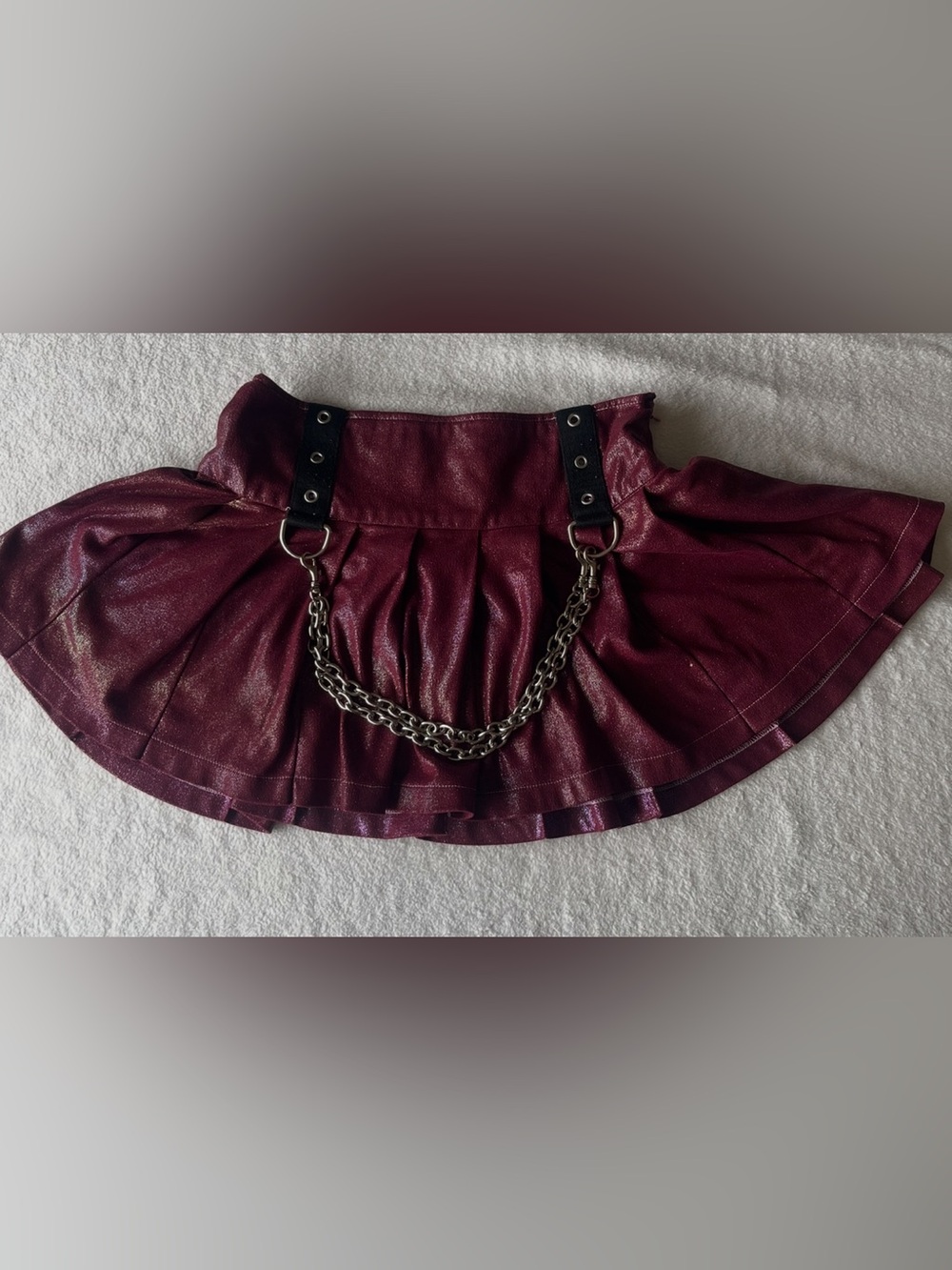Current Mood Burgundy Faux Leather Pleated Mini Skirt with Chain Detail